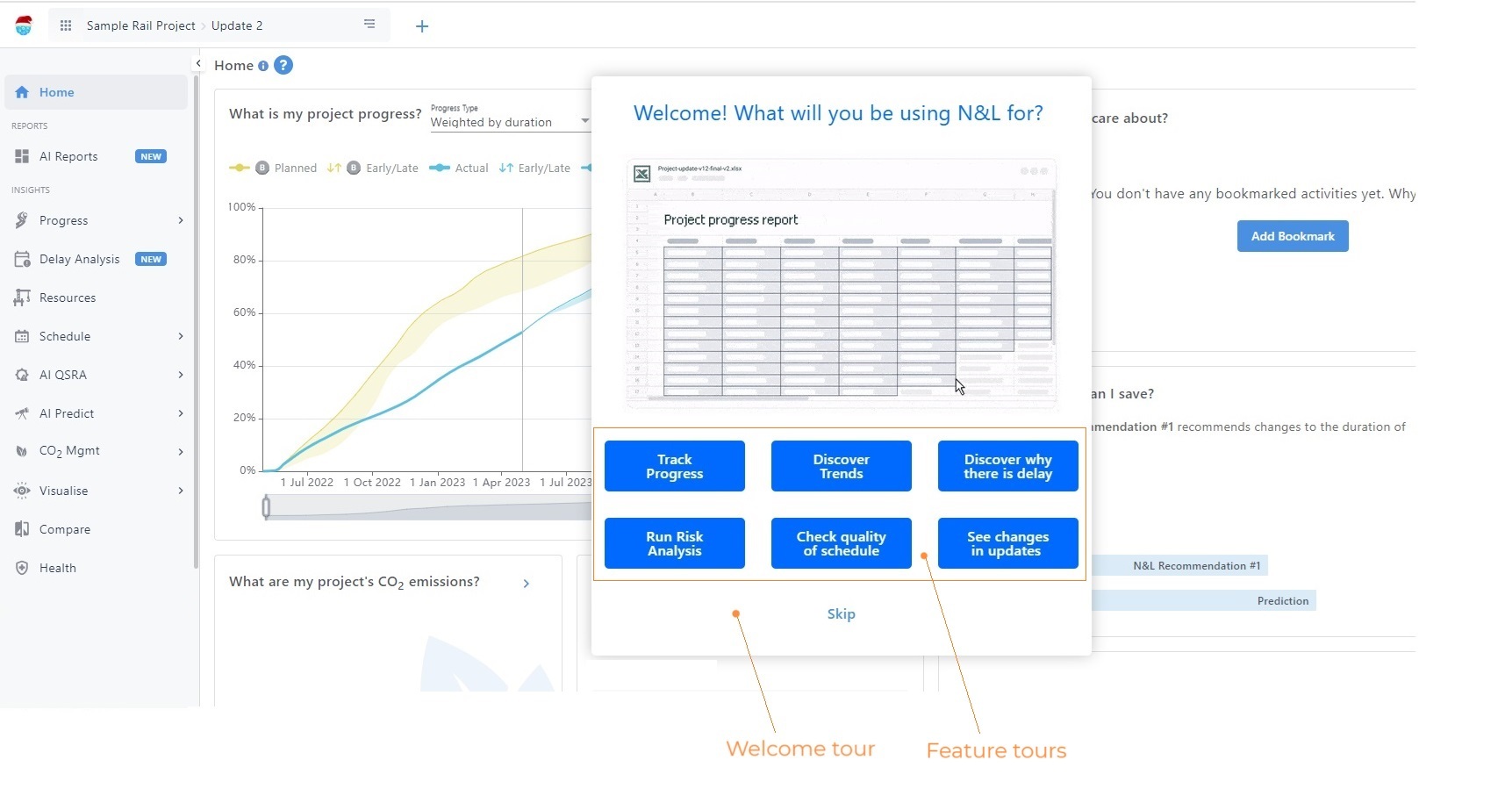 Welcome tour leading to feature tours
